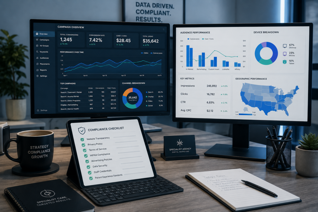 Data-driven-marketing-workspace-setup-multiple-screen-showing-compliance-checklist