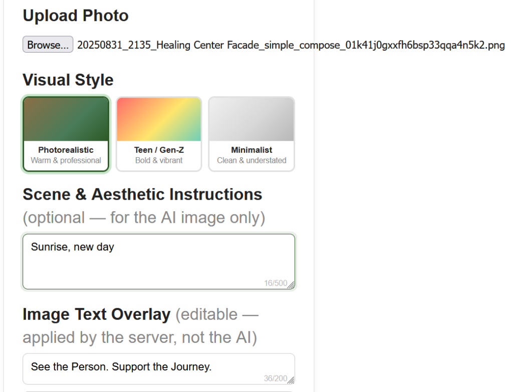 Optional to suggest a vibe for the image and change the default text in separate input box