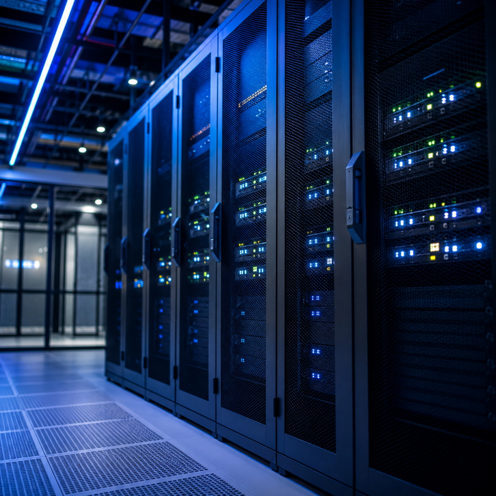 Data center Server farm in soft blue lighting